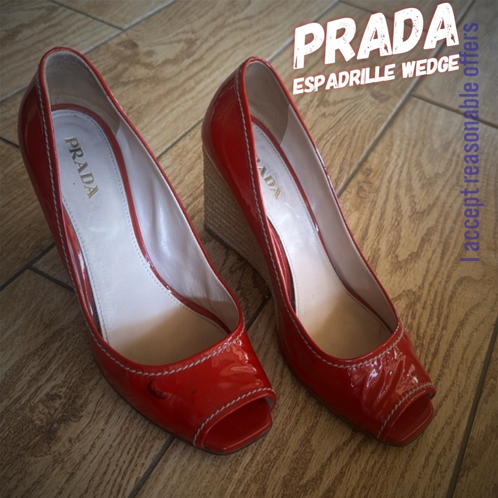 Prada Red Patent Leather Espadrille Wedge Peep Toe Heels Size 39 (8.5-9)